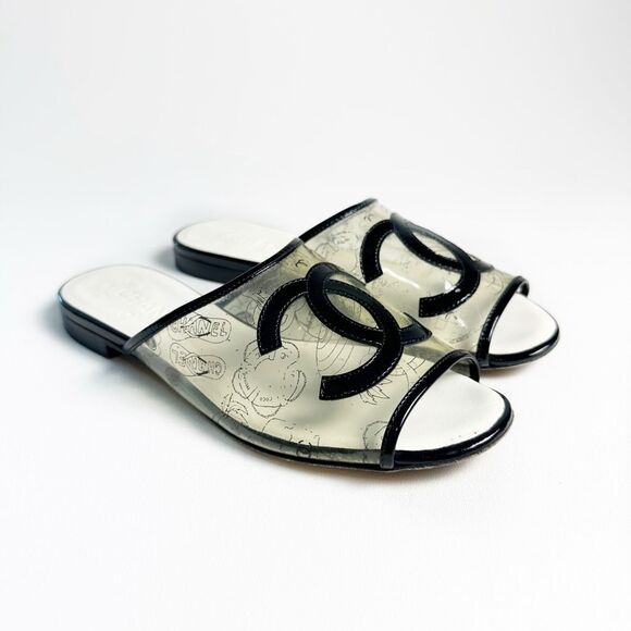 CHANEL Black White CC Sandals Size 38 US 7.5 Open Toe Flat Mules Clear PVC Print - Picture 11 of 11